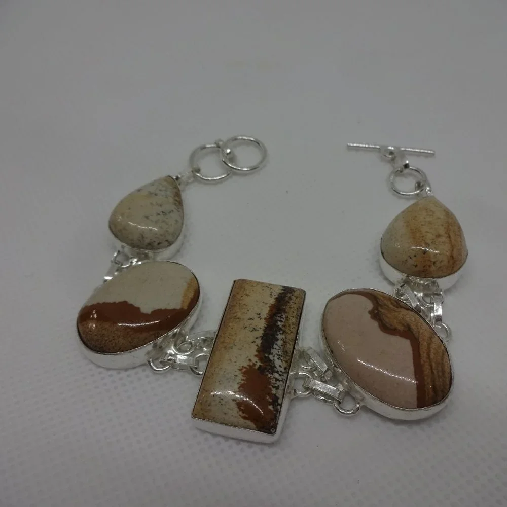 Natural "PICTUREJASPER" Handmade Sterling Bracelet 7" #622 - Picture 2 of 3